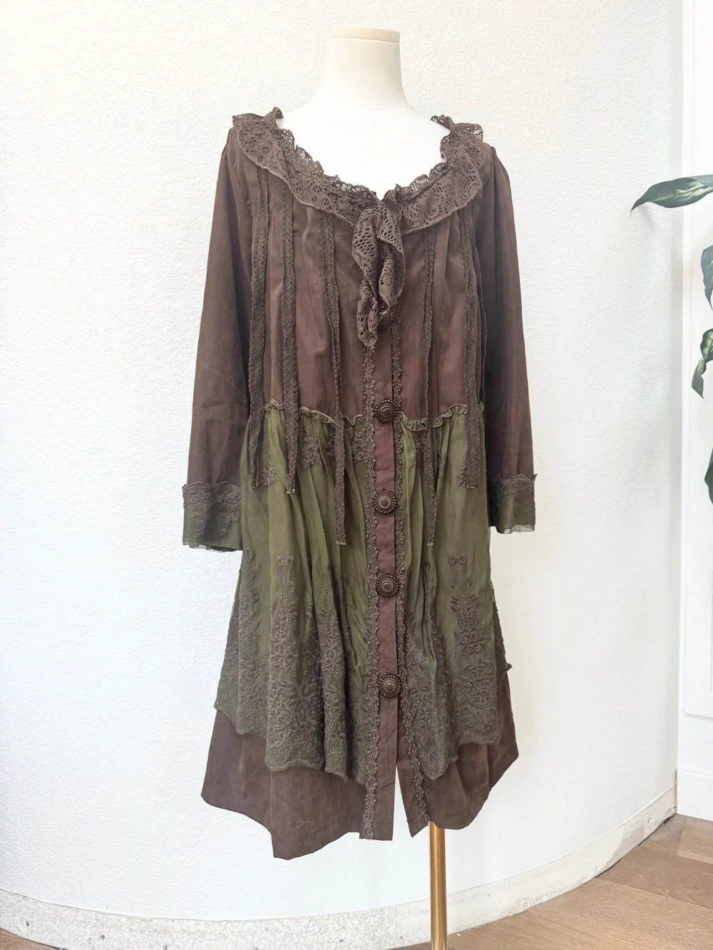 NWT Pretty Angel Fairy 🧚🏻 Olive Green Brown Layered Lace Tunic Mini Dress XL - Picture 2 of 6